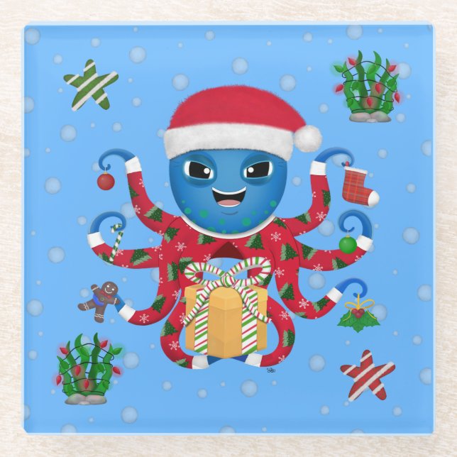 Weihnachtsoctopus Glasuntersetzer (Vorderseite)