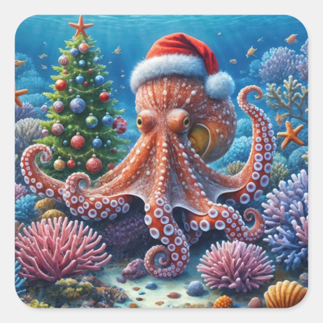 WeihnachtsOktopus mit einer Weihnachtsmannmütze Quadratischer Aufkleber (Vorderseite)