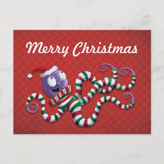 Weihnachtsoktopus mit Streifen Feiertagspostkarte (Vorderseite)