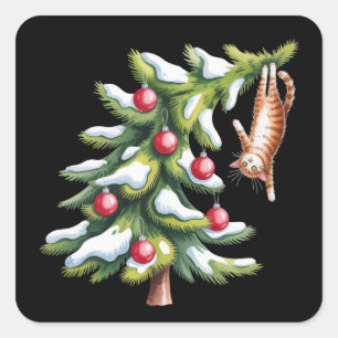 Weihnachtsorange Katzenbaum Katzenliebhaber Famili Quadratischer Aufkleber
