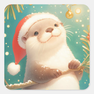 Weihnachtsotter mit Santa Hut und Stechpalmenbeere Quadratischer Aufkleber