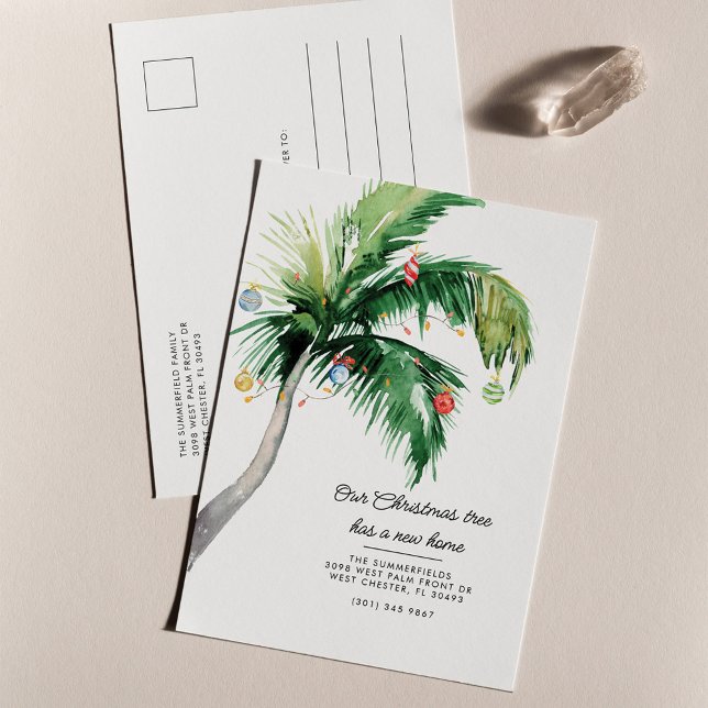 Weihnachtspalme Ankündigungspostkarte (Palm Tree Coastal Home Christmas Moving Holidays Announcement Postcard)