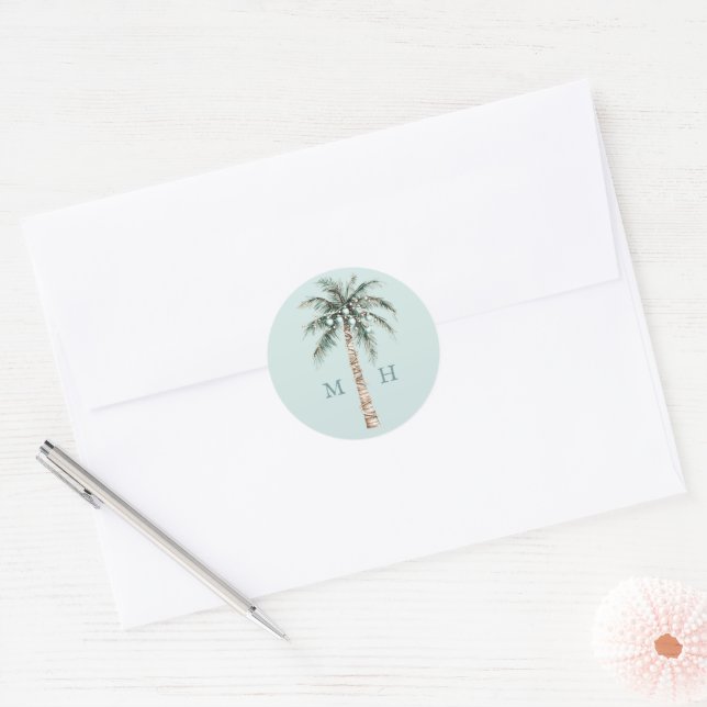 Weihnachtspalme | Beach Wedding Monogram Runder Aufkleber (Umschlag)