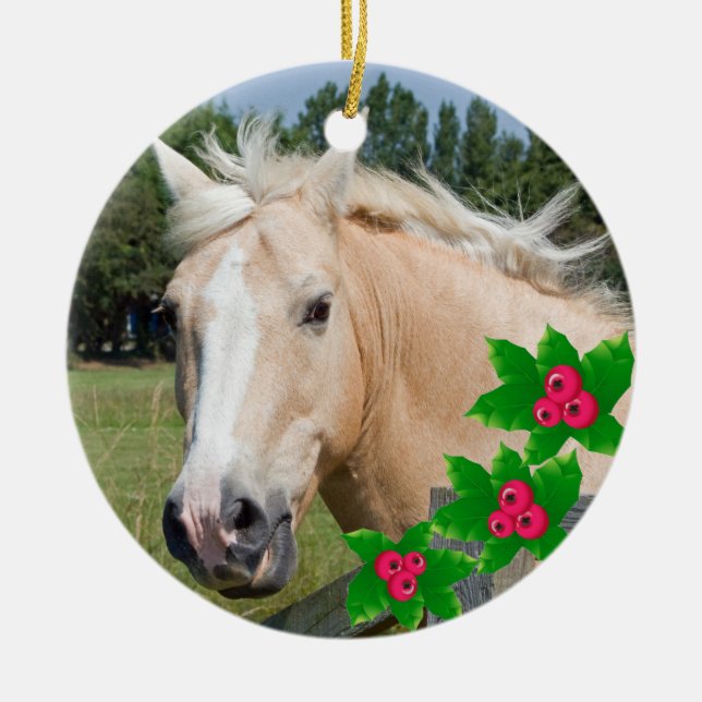 Weihnachtspalomino-Pferd u. Stechpalmen-runde Keramikornament (Vorne)