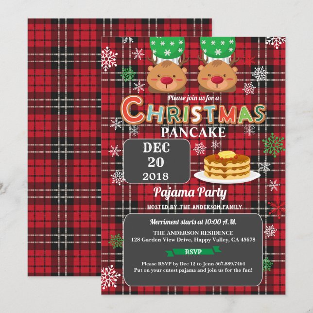 Weihnachtspancake und Pjama Party rot Flanell Einladung (Vorne/Hinten)