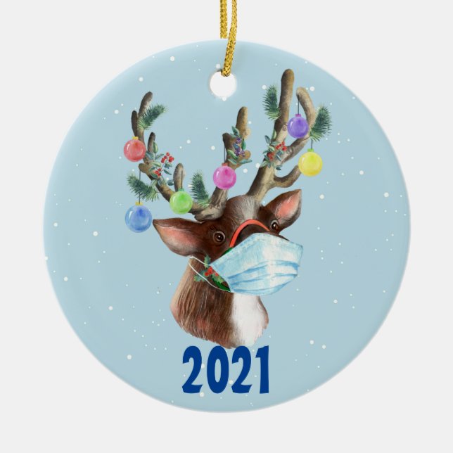 Weihnachtspanik 2021 in Reindeer Face Mask Keramik Ornament (Vorne)