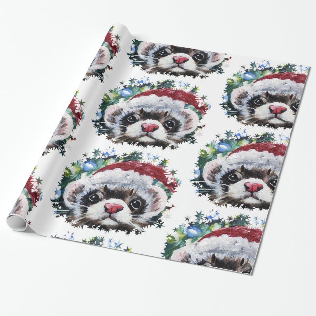 Weihnachtspapier für Ferret und Weihnachtsmannmütz Geschenkpapier (Ungerollt)