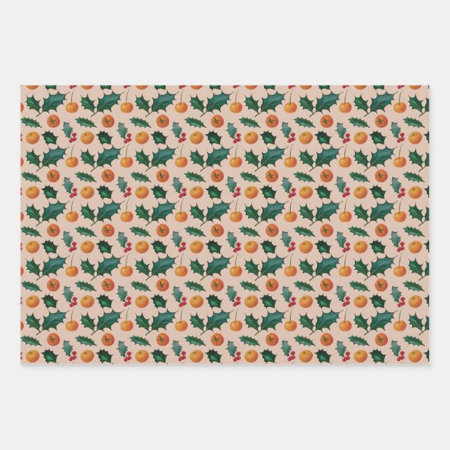 Weihnachtspapier mit Früchten & Stechpalme, Rosa Geschenkpapier Set (Vorderseite)