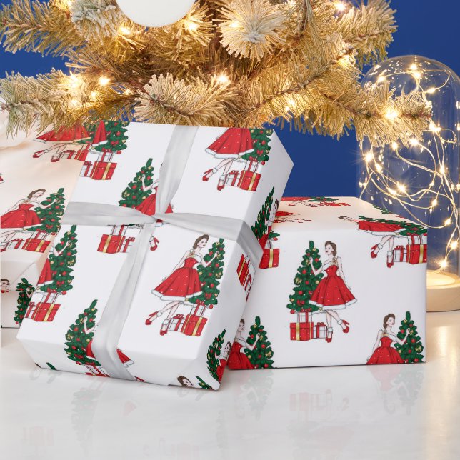Weihnachtspapier mit Mädchen und Baummuster Geschenkpapier (Feiertage)