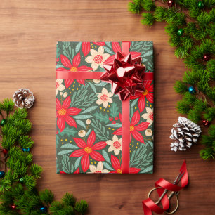 Weihnachtspapier mit roter Poinsettie. Geschenkpapier