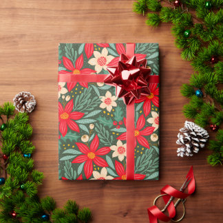 Weihnachtspapier mit roter Poinsettie. Geschenkpapier