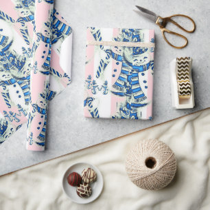 Weihnachtspapier Rosa & Weiße Streifen Schneemann Geschenkpapier