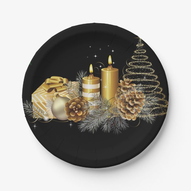 Weihnachtspapier-Teller, Goldkerze Pappteller (Vorderseite)