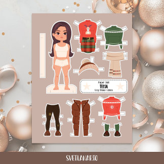 Weihnachtspapierpuppe braunes Mädchen Winterkleid