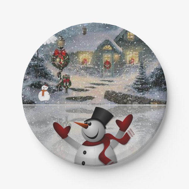 Weihnachtspapierteller, Schneemann Pappteller (Vorderseite)