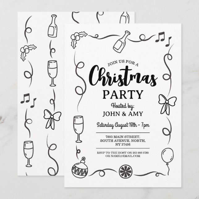 WeihnachtsParty Einladende Hand zeichnen Monochrom Einladung (Vorne/Hinten)