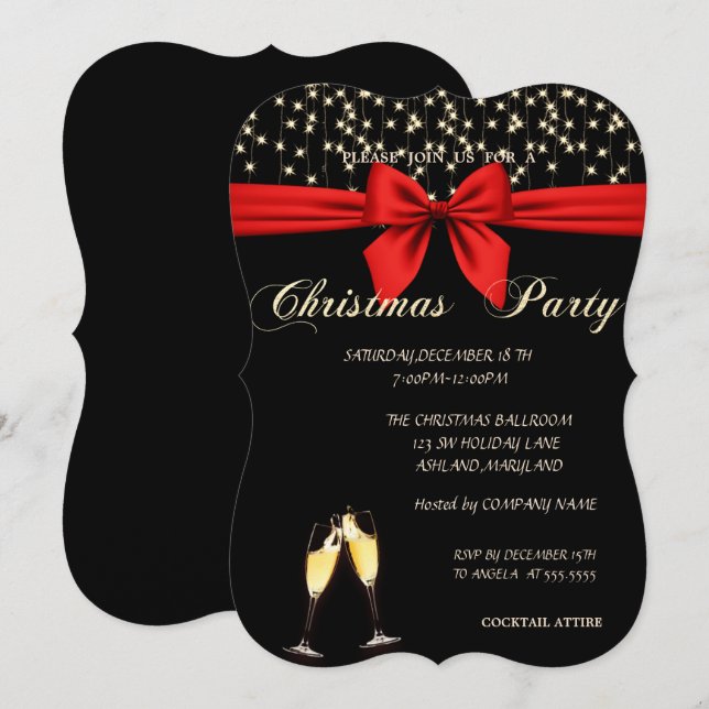 WeihnachtsParty Elegant, Bow, Wine Glass, Company Einladung (Vorne/Hinten)