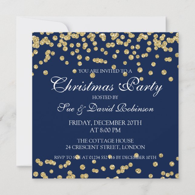 WeihnachtsParty-GoldGlitzerconfetti-Marine-Blau Einladung (Vorderseite)