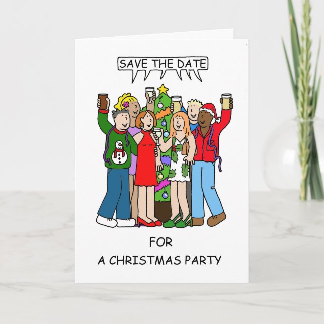 WeihnachtsParty Save the Date Karikatur Karte (Vorderseite)