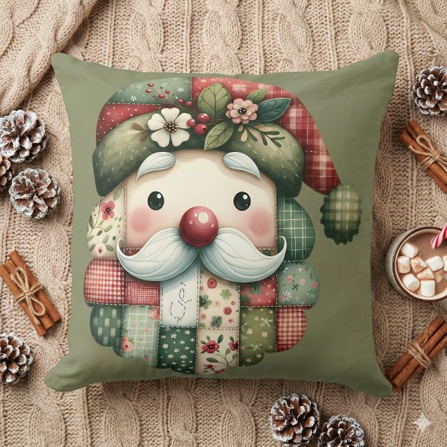 Weihnachtspatchwork-Opa mit skurrilem Charme Kissen (Whimsical Patchwork Santa Folk Christmas Throw Pillow)