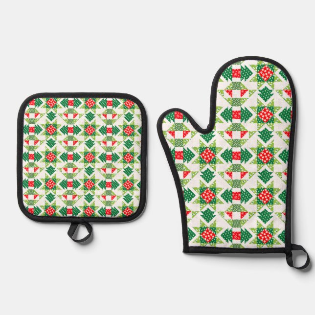Weihnachtspatchwork-Quiltofen Mitt- & Pothalter Ofenhandschuh & Topflappen-Set (Vorderseite)