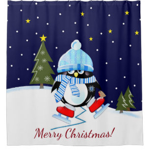 Weihnachtspenguin, der zu den Skaten versucht + Duschvorhang