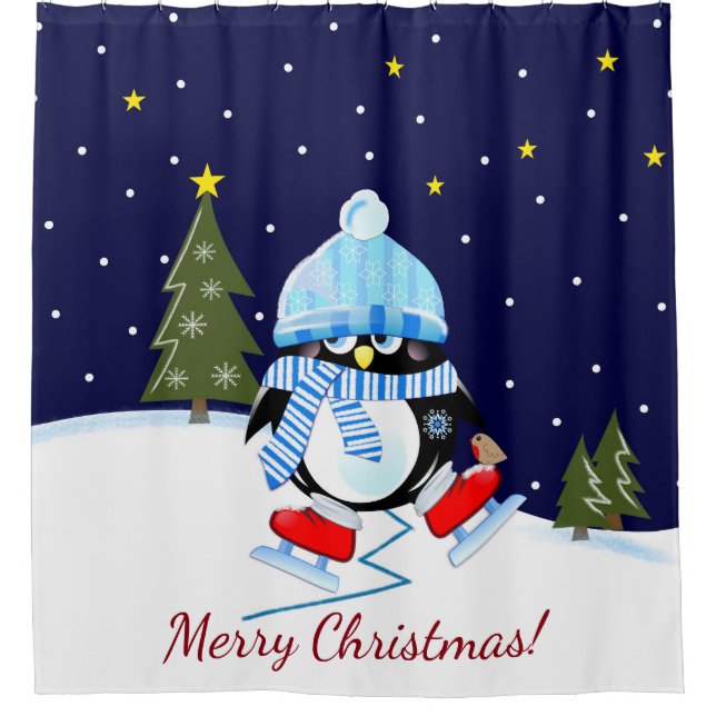 Weihnachtspenguin, der zu den Skaten versucht + Duschvorhang (Vorderseite)