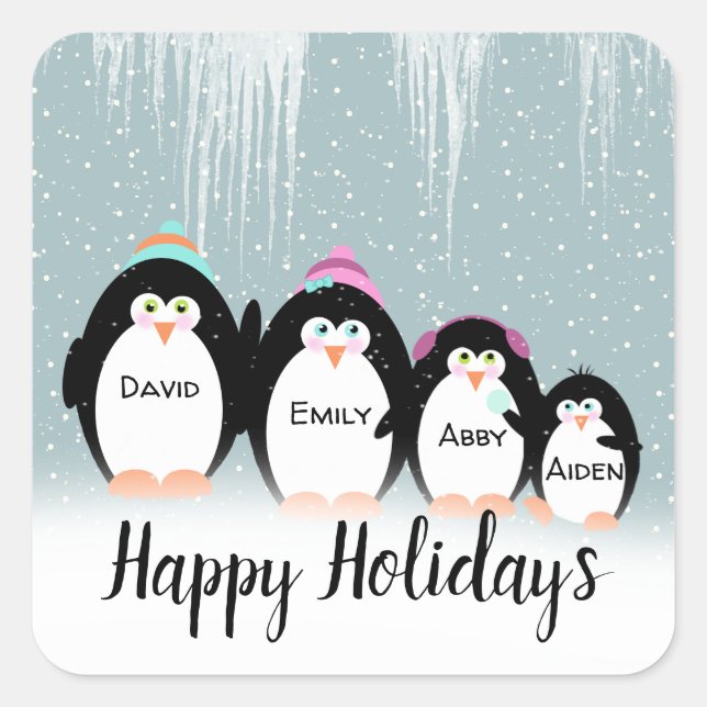 Weihnachtspenguin-Familie auf Schneekoppe Quadratischer Aufkleber (Vorderseite)