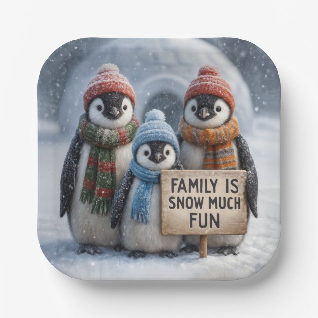 Weihnachtspenguin Familie mit Spaß signieren Pappteller (Vorderseite)