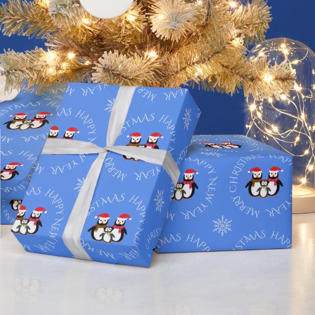Weihnachtspenguin-Familientext blau Geschenkpapier (Feiertage)