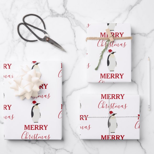 Weihnachtspenguin Funny Animal mit Weihnachtsmannm Geschenkpapier Set (Vorderseite)