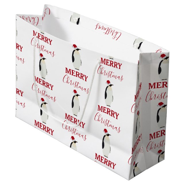Weihnachtspenguin Funny Animal mit Weihnachtsmannm Große Geschenktüte (Vorderseite Schrägansicht)