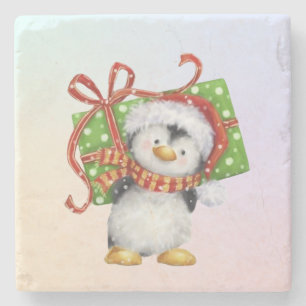 Weihnachtspenguin mit Geschenk - Feiertag Deko Steinuntersetzer