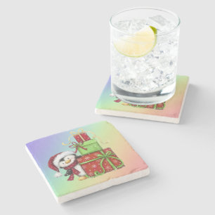 Weihnachtspenguin mit Geschenken - Festliche Fun-D Steinuntersetzer