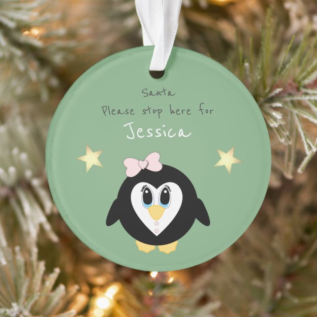 Weihnachtspenguin Santa Stopp hier grün Ornament (Baum)