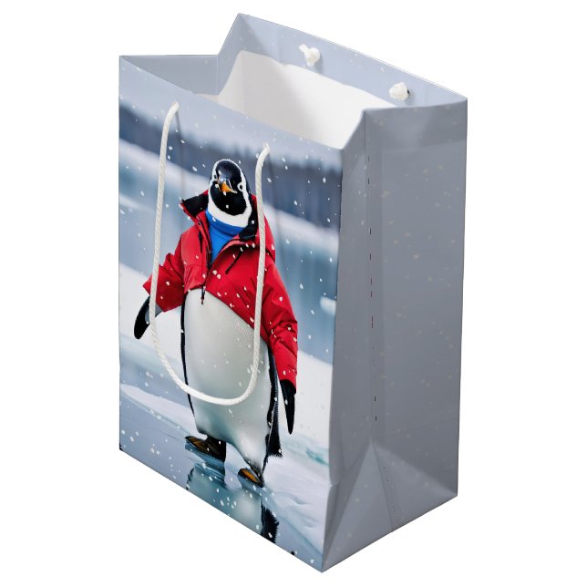 Weihnachtspenguin Tragen eines Roten Coats Mittlere Geschenktüte (Vorderseite Schrägansicht)