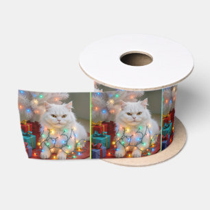Weihnachtsperserkatze, verheddert in festlichen Li Satinband