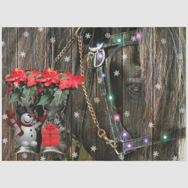 Weihnachtspferd Cowboy Stiefel Poinsettia Schneema Seidenpapier (Vorderseite)