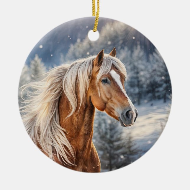 Weihnachtspferd in Snow Long Mane Keramik Ornament (Vorne)