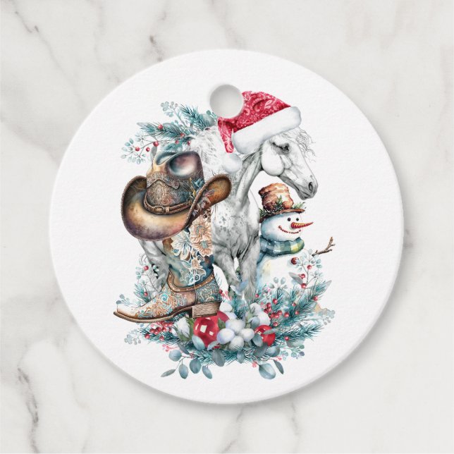 Weihnachtspferd in Weihnachtsmannmütze Cowgirl Cow Geschenkanhänger (Vorderseite)