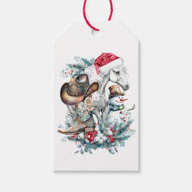 Weihnachtspferd in Weihnachtsmannmütze Cowgirl Cow Geschenkanhänger (Vorderseite)