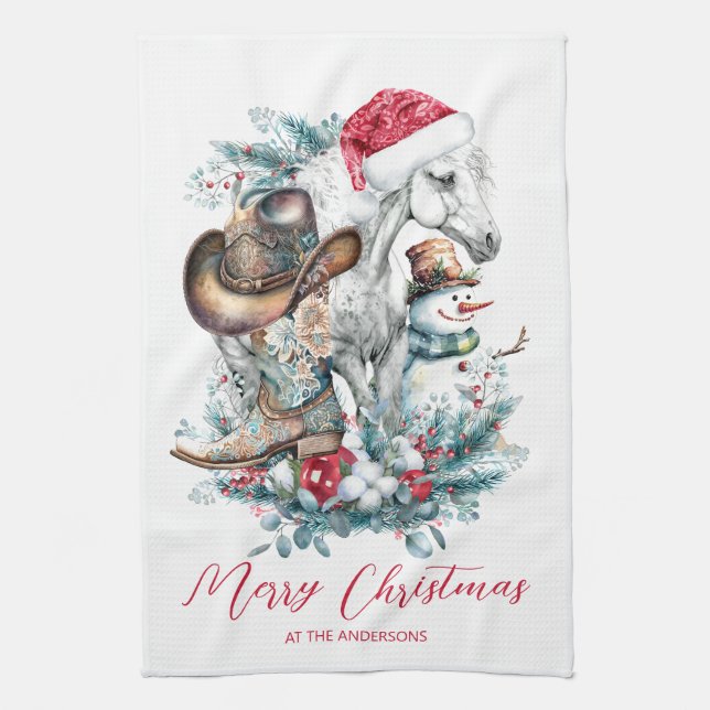 Weihnachtspferd in Weihnachtsmannmütze Cowgirl Cow Geschirrtuch (Vertikal)