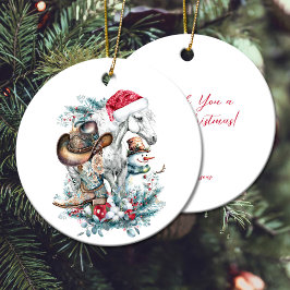 Weihnachtspferd in Weihnachtsmannmütze Cowgirl Cow Keramik Ornament