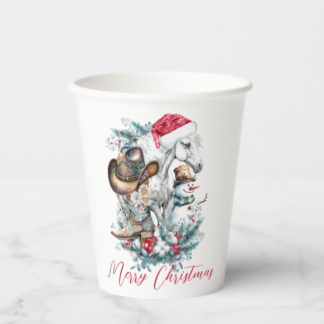 Weihnachtspferd in Weihnachtsmannmütze Cowgirl Cow Pappbecher (Vorderseite)