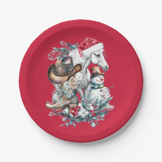Weihnachtspferd in Weihnachtsmannmütze Cowgirl Cow Pappteller (Vorderseite)