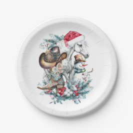 Weihnachtspferd in Weihnachtsmannmütze Cowgirl Cow Pappteller
