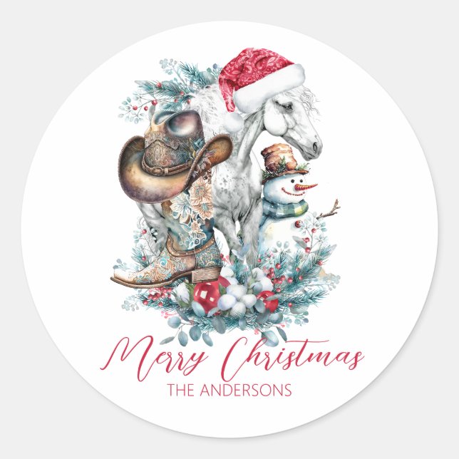 Weihnachtspferd in Weihnachtsmannmütze Cowgirl Cow Runder Aufkleber (Vorderseite)