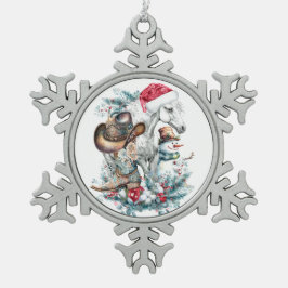 Weihnachtspferd in Weihnachtsmannmütze Cowgirl Cow Schneeflocken Zinn-Ornament