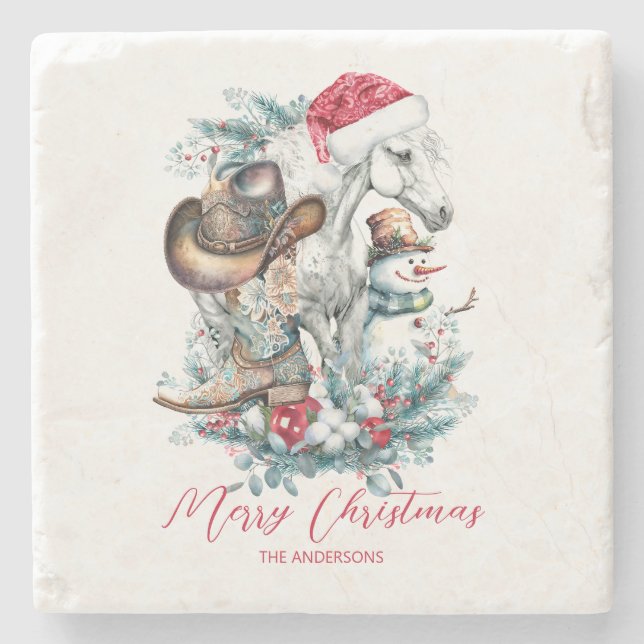 Weihnachtspferd in Weihnachtsmannmütze Cowgirl Cow Steinuntersetzer (Vorderseite)