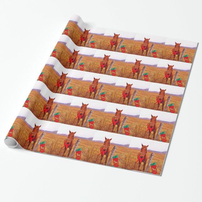 Weihnachtspferd mit Bogen & Strumpf Geschenkpapier (Ungerollt)